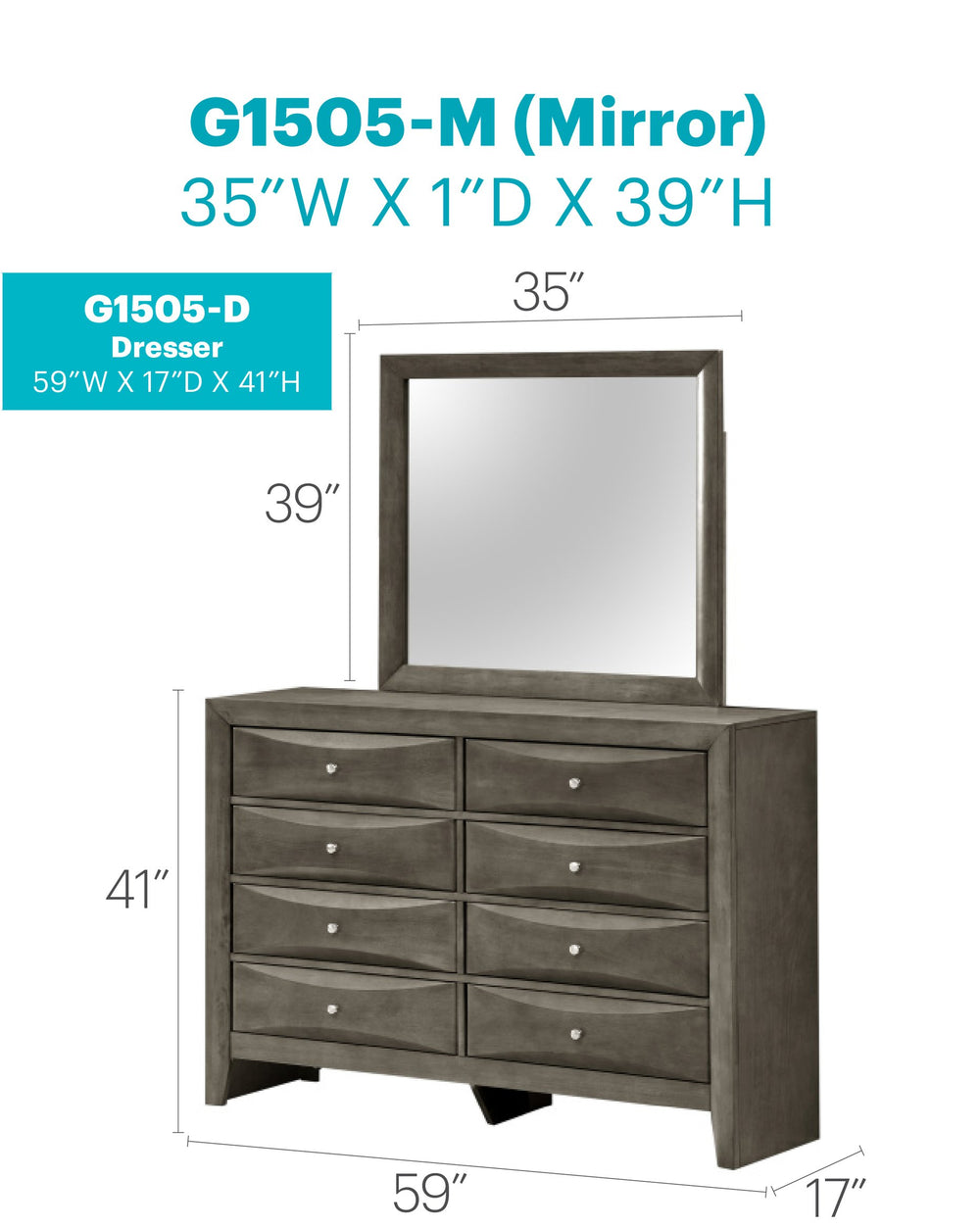 English Elm Marilla Modern G1503-D Dresser with Beveled Molded Resin Fronts, Dovetailed Drawers, Fully Assembled Gray 43 L x 61 W x 19 H B078108038