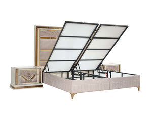 English Elm Omari Modern 4-Piece Queen Bedroom Set With Hydraulic Storage Bed & Gold Accents In Elegant Beige B009S01395