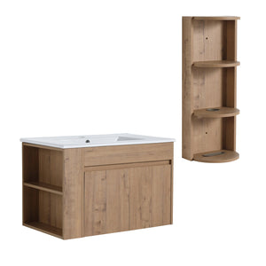 English Elm 30" Wall-Mounted Bathroom Vanity With Ceramic Sink, Soft-Close Doors & Versatile Storage Rack W999S00342