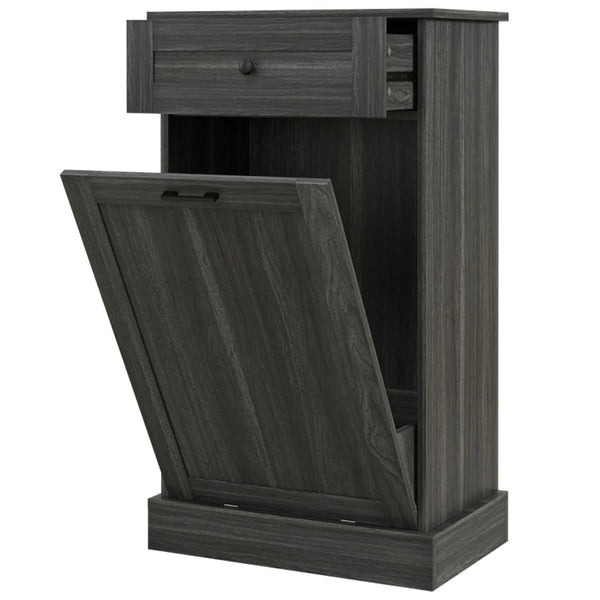 English Elm Trash Cabinet with Tilt Out Door Oak Top Charcoal Gray Kitchen Storage Unit T3971P464974