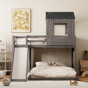 English Elm Wooden Twin Over Full Bunk Bed Farmhouse Playhouse Slide Pinewood Kids Loft LT000328AAE