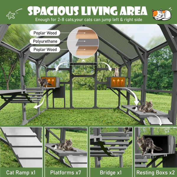 English Elm Large Walk-in Pine Catio Multi-cat Enclosure with Seven Platforms and Weatherproof Roof N704G201613E