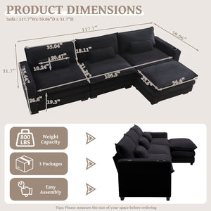 English Elm L Shape Sofa Couch With Usb Charging & Cup Holders, Cozy 3-Seater Sectional & Ottoman, Black W2100S00184