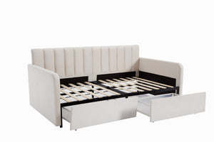 English Elm Flora Twin Daybed with 2 Dust‑Proof Drawers, Ivory Velvet Upholstery, Ribbed Tufted Backrest, Modern Storage Design B083P156245