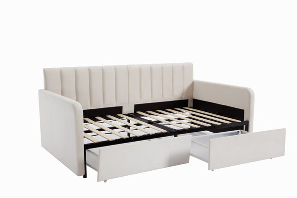 English Elm Flora Twin Daybed with 2 Dust‑Proof Drawers, Ivory Velvet Upholstery, Ribbed Tufted Backrest, Modern Storage Design B083P156245