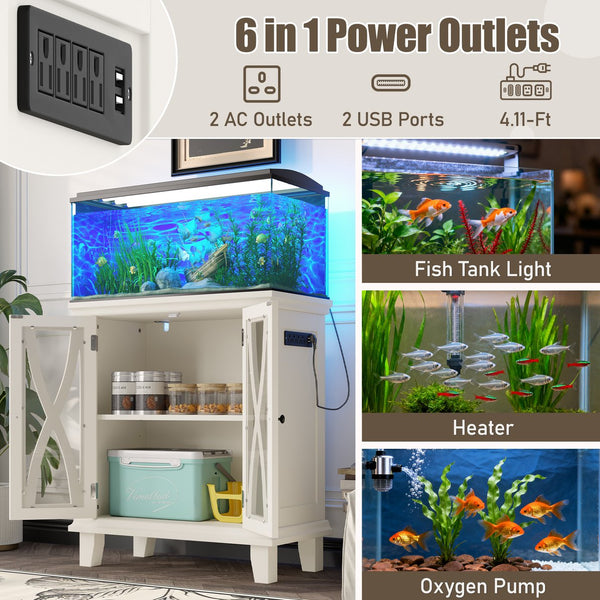 English Elm 20 Gallon Fish Tank Stand with Built-In Power Outlets & USB, Farmhouse Style Aquarium Cabinet with Adjustable Shelves and Heavy-Duty 298lb Tabletop Capacity Beige N704P350196A