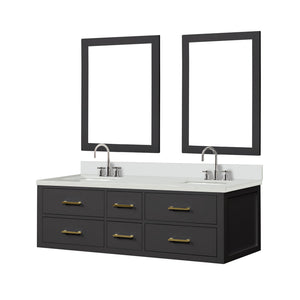 English Elm Black Double Bath Vanity Set With White Quartz Top, Chrome Faucets & 28" Matching Mirrors - Modern Elegance B2731S01825