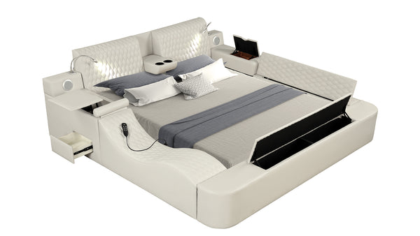 English Elm ZOYA Queen Beige smart multifunctional bed with massage chaise, Bluetooth, USB charging, storage B009S01006