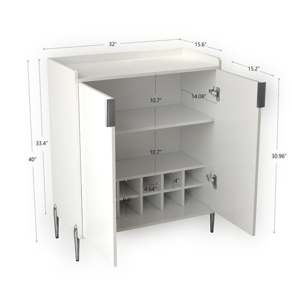 English Elm 2 Door Wine Bar Cabinet with 12-Bottle Rack, Soft-Close Hinges, Adjustable Shelf & Elevated Metal Legs White W2899P372844