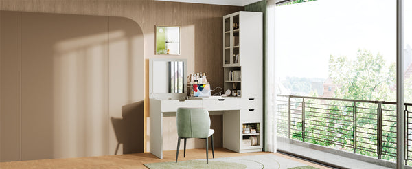 English Elm Versatile Makeup Vanity Desk with Mirror, Built-In Charging Station, 8 Hidden Storage Spaces, White N733S291664K