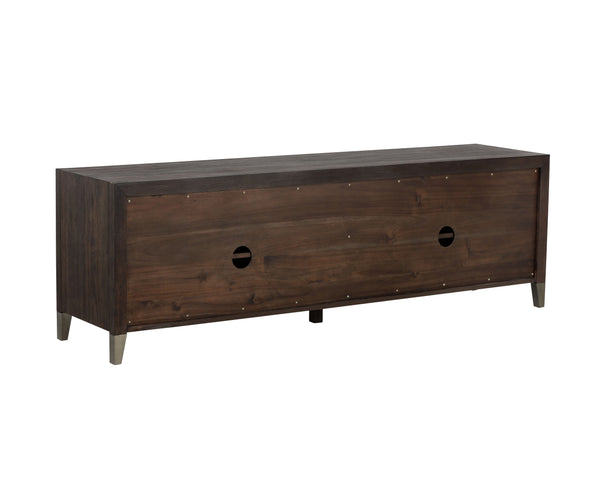Sunpan Greyson Media Console Cabinet - Stylish Smoked Acacia Wood with Chevron Pattern & Brass Feet