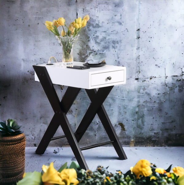 English Elm Fierce Modern White & Black Accent Table with Built-In USB, Pull-Out Drawer, Sleek X-Leg Design B2726P243282