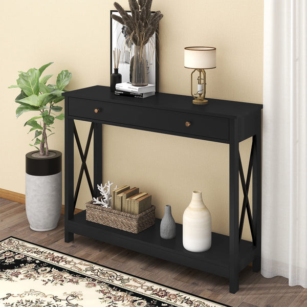 English Elm Console Farmhouse Console Table with Drawer and Open Shelves for Entryway Living Room Storage Black T3771P356230