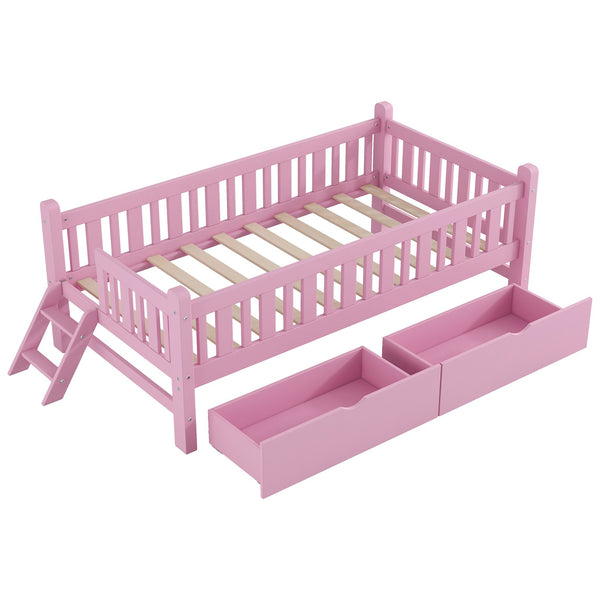 English Elm Wood Twin Platform Bed with Guardrail, Solid Pine Construction, 2 Underbed Drawers for Storage and Playroom Space Pink N709P242145H