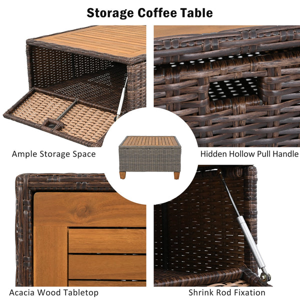 English Elm K&K 8-Piece Wicker Patio Set with 360° Swivel Rockers, Acacia Storage Table, Durable Cushions Blue+Brown N707S000016E