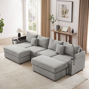 English Elm 123.2" Modular 4-seater Sectional Sofa with Hidden Storage, USB Ports, Cup Holders, Plush Corduroy Grey N719S001614E