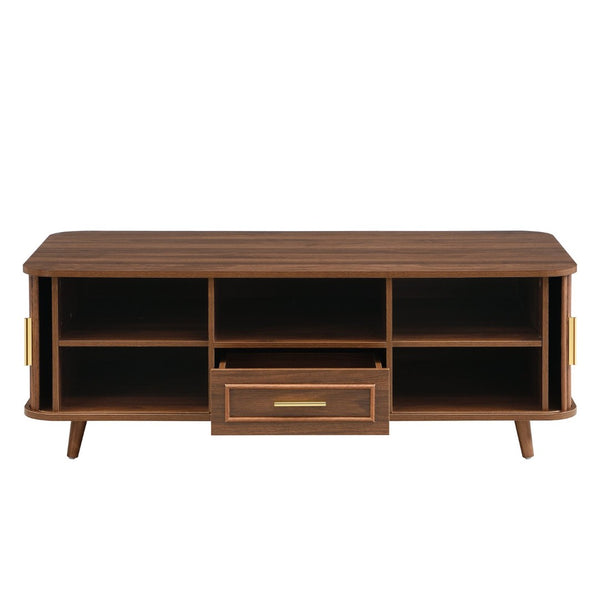 English Elm Modern Mid-century Coffee Table Tambour Doors Open Shelves Warm Wood Living Room Walnut N770P333551W