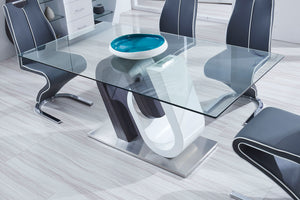 English Elm TONY Solid Wood Dining Table with Oak & Walnut Finish, Geometric Design, Chrome Accents, Stainless Base White+gray 35.24 L x 30.12 W x 13.78 H B201S00030