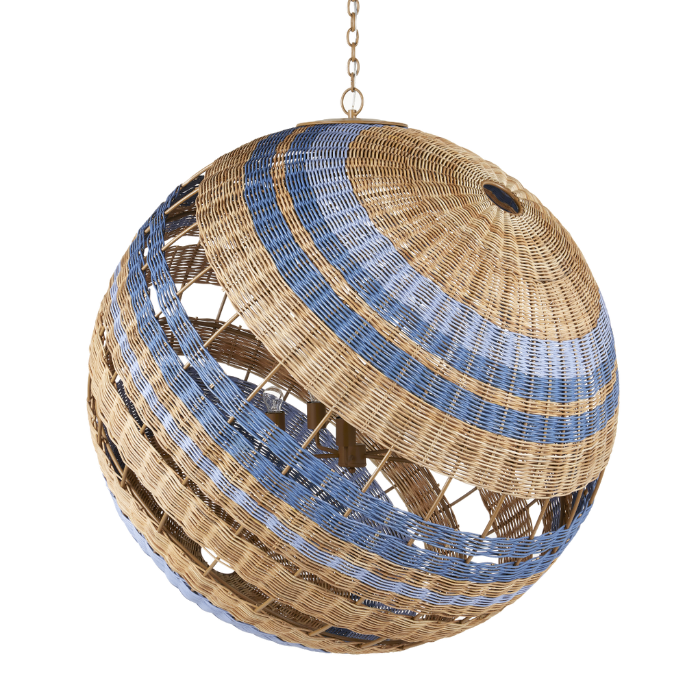 Senjyo Tilted Orb Chandelier – Artisan Rattan & Wrought Iron Pendant Light in Blue & Khaki Finish