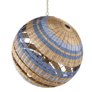 Senjyo Tilted Orb Chandelier – Artisan Rattan & Wrought Iron Pendant Light in Blue & Khaki Finish