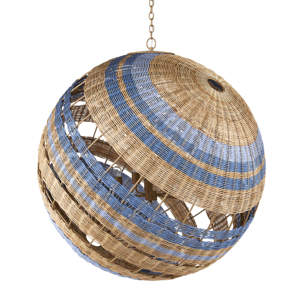 Senjyo Tilted Orb Chandelier – Artisan Rattan & Wrought Iron Pendant Light in Blue & Khaki Finish