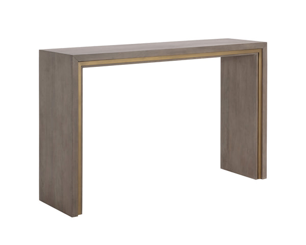 Sunpan Hilbert Console Table - Modern Grey Acacia Wood with Brass Trim, Stylish Linear Design for Any Space