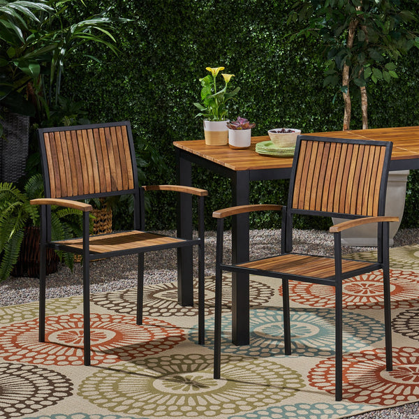 English Elm Christopher Knight Home® - BRIDGET Acacia Wood and Metal Dining Chair Set of 2 — Weather-Resistant Vertical Slat Design, Durable Teak+ Black 63338.00