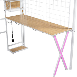 English Elm Twin Metal Loft Bed with Desk, Wardrobe & LED Lighting — Space-Saving Twin Loft with Storage Staircase GX000662AAK