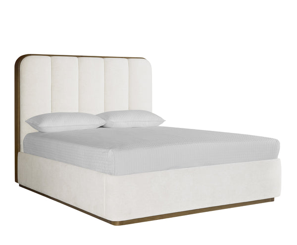 Sunpan Jamille Bed - Plush Eclipse White Upholstered Design with Solid Oak Frame and Extra Thick Headboard Queen