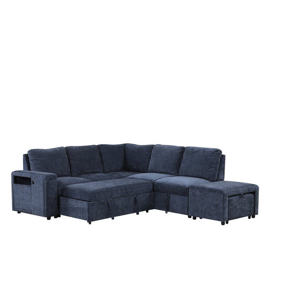 English Elm U_STYLE L-shaped Padded Modular Sofa with Storage, USB Charging, Cup Holders, 6-Seater Comfort and Style Blue WY000390AAC