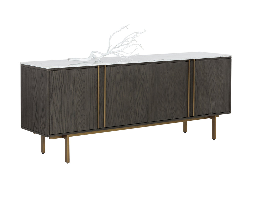 Sunpan Briar Mid-Century Modern Sideboard with White Marble Top and Antique Brass Accents for Stylish Storage Dark Brown