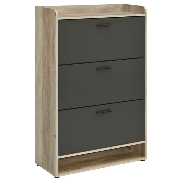 English Elm Kyla 3-Tier Engineered Wood Shoe Cabinet with Decorative Top Surface, Antique Pine Accents, Grey Finish B062P299909