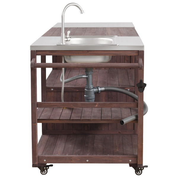 English Elm K&k Solid Fir Outdoor Kitchen Island with Sink Stainless Steel Top and Grill Cutout Brown N707S000022Z