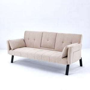English Elm 70-inch Foldable Cotton Linen Sofa Bed with Cup Holder & Side Storage, Space-Saving 2-Seater Design Beige W3371P337197