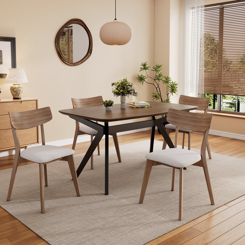 English Elm Christopher Knight Home® - 5-Pieces Upholstered Dining Set with Rubberwood Frame, Mid-Century Modern Style, Plush Comfort and Durability Black + Dark Walnut,Light beige N768P189387L_4_N768P247991W