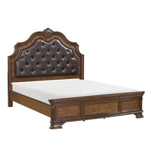 English Elm Formal California King Bed With Elegant Upholstered Headboard & Intricate Wood Carvings - Luxurious Design B011S02039