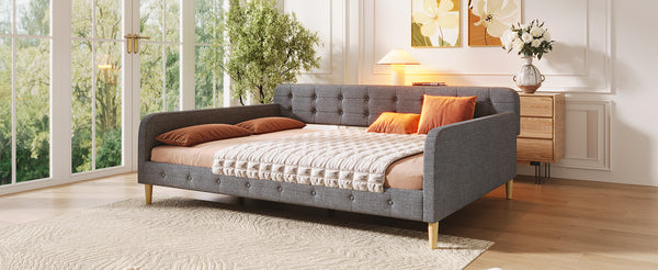 English Elm Queen Upholstered Daybed with Tufted High Sideboard, Linen Finish, Solid Wood Frame, 800lb Capacity Gray N7500001850E