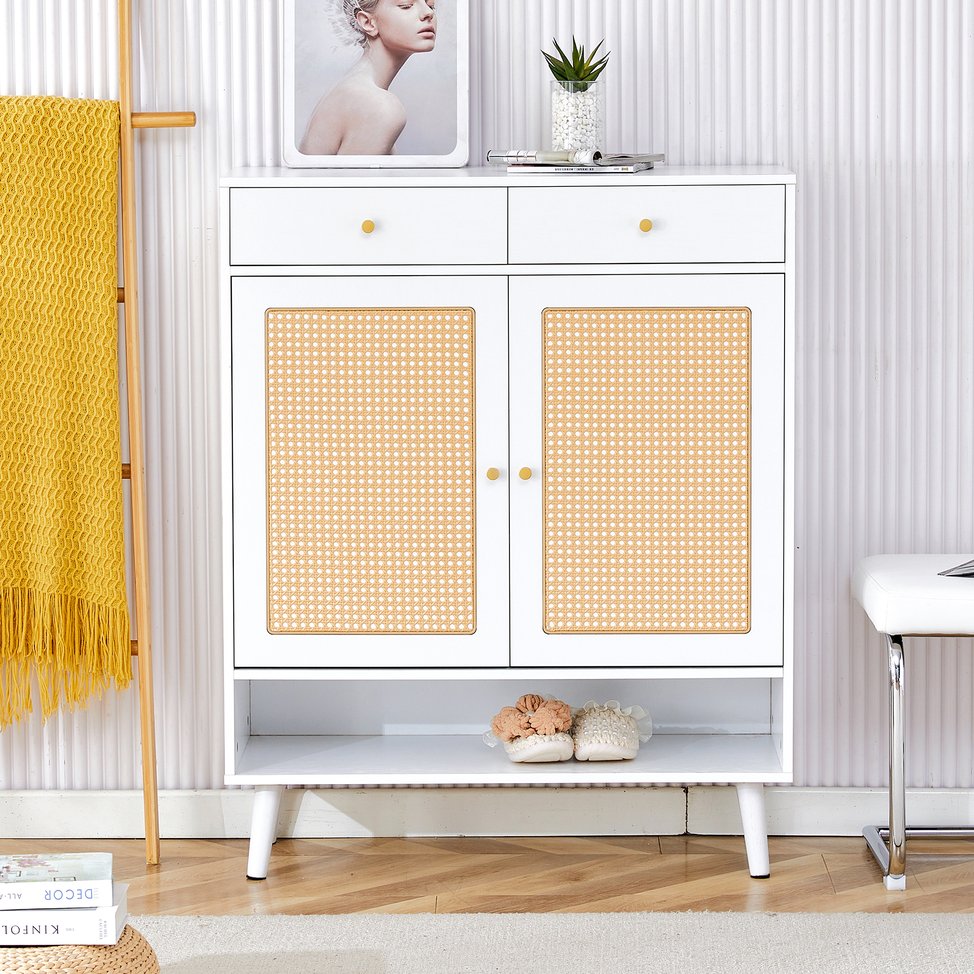 English Elm Modern white storage cabinet with vine rattan design, MDF shoe & bedside organizer, quick assembly, sleek decor W1151P151509