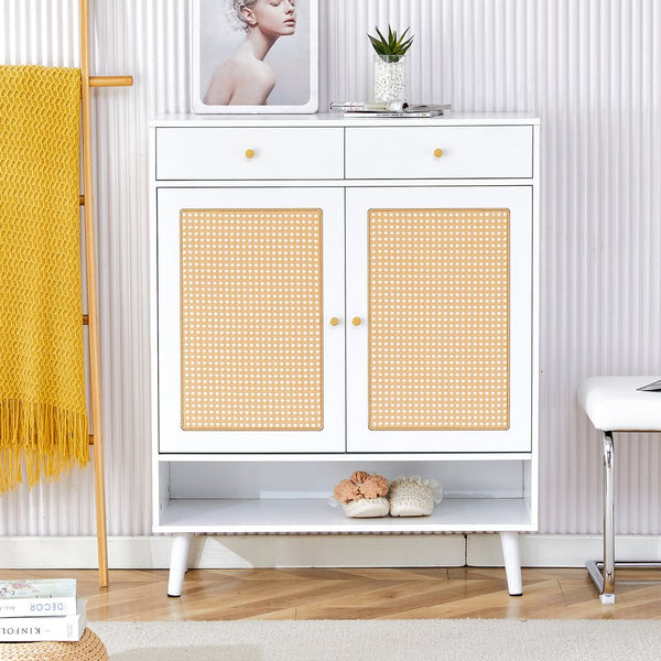 English Elm Modern white storage cabinet with vine rattan design, MDF shoe & bedside organizer, quick assembly, sleek decor W1151P151509