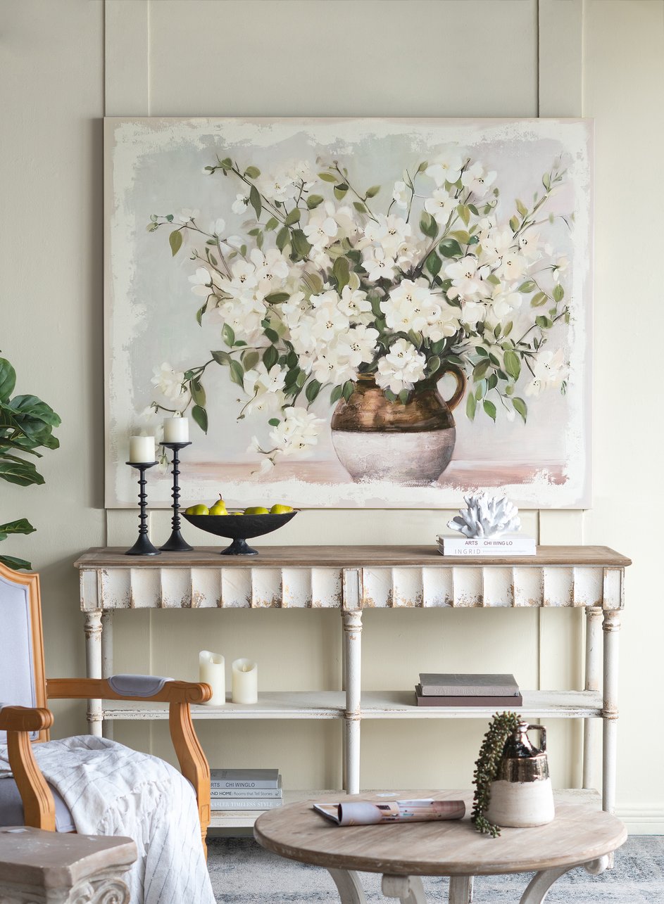 English Elm 59.1x47.2" Large White Blossom Canvas Print in Pine Frame — Romantic Floral Wall Art for Living Room Decor W2078P390177