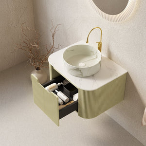 English Elm Dina Floating Bathroom Vanity with Sintered Stone Top and Crystal Glass Basin Carrara White,Light Green,Stone White W2615S00562