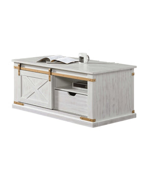 English Elm Rustic Glam Barnwood Coffee Table with Dual-Sided Center Drawer, Open Shelves & Metal Trim Accents Antique White,Gold 51 L x 27 W x 23 H B2741P320884