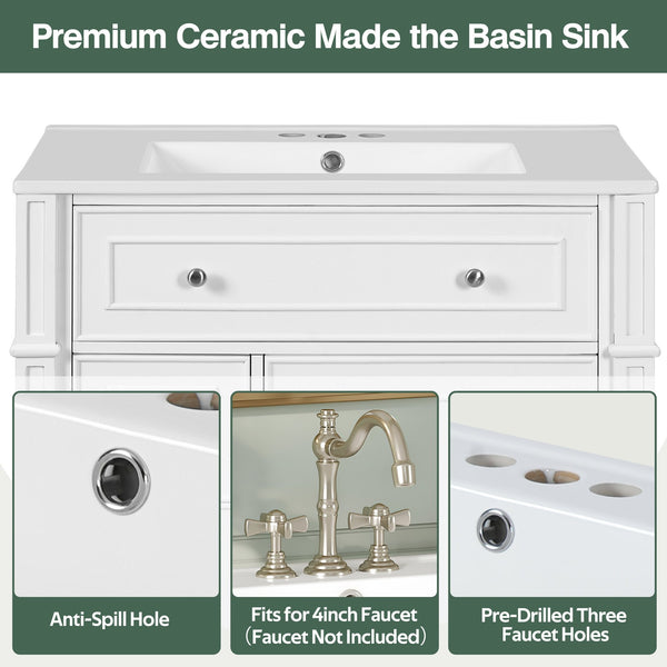 English Elm Bathroom Vanity with Sink French-Inspired 30" Ceramic Basin Vanity Cabinet with Soft-Close Doors & Drawer Organizer White N710P286723K