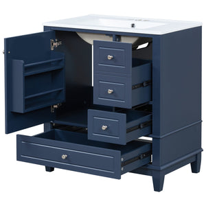English Elm Christopher Knight Home® - 30" Freestanding Bathroom Vanity with Ceramic Sink, Soft-Close Door, Gold Knobs & 3 Drawers, Durable Painted Finish Blue N759P225994C