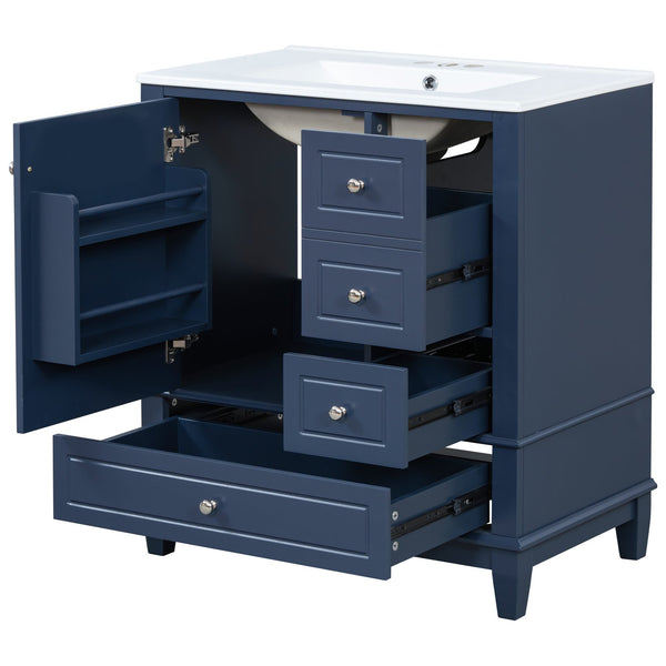 English Elm Christopher Knight Home® - 30" Freestanding Bathroom Vanity with Ceramic Sink, Soft-Close Door, Gold Knobs & 3 Drawers, Durable Painted Finish Blue N759P225994C