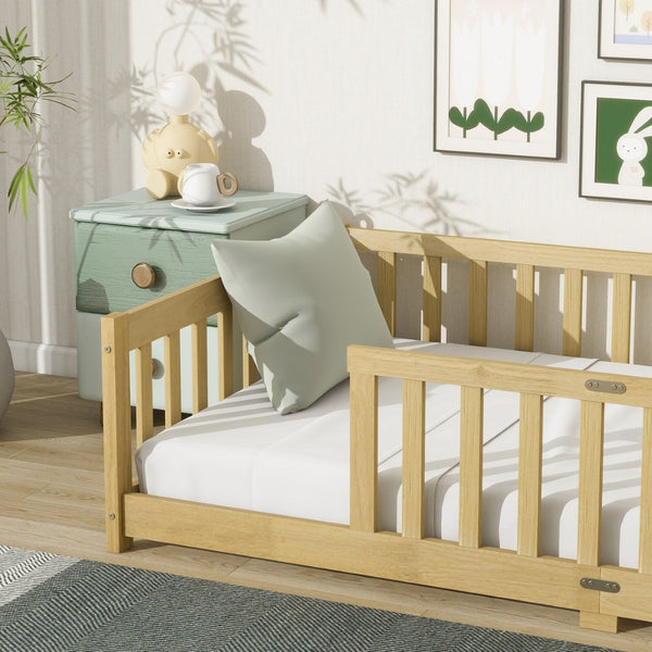 English Elm Twin Rubberwood Montessori Floor Bed with Safety Guardrails for Toddler Bedrooms W504P370520