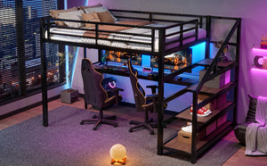 English Elm Full Loft Bed With Integrated Desk, Storage Stairs, Led Lights & Usb Ports For Modern Spaces W1580S00478