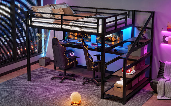 English Elm Full Loft Bed With Integrated Desk, Storage Stairs, Led Lights & Usb Ports For Modern Spaces W1580S00478