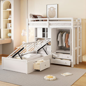 English Elm Twin Bunk Bed with Wardrobe Drawers Hydraulic Lift Shelves Kids Storage White LT000666AAK-1