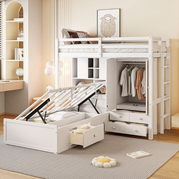 English Elm Twin Bunk Bed with Wardrobe Drawers Hydraulic Lift Shelves Kids Storage White LT000666AAK-1